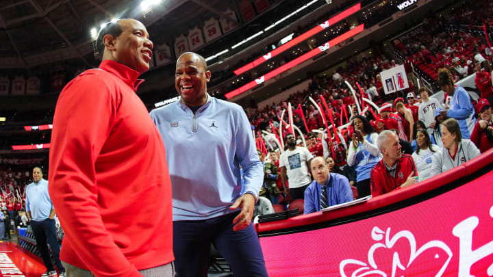 UNC basketball head coach Hubert Davis and NC State's Kevin Keatts