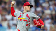 Aug 4, 2025; Los Angeles, California, USA; St. Louis Cardinals pitcher Sonny Gray (54) throws during the second inning against the Los Angeles Dodgers at Dodger Stadium. Mandatory Credit: Kirby Lee-Imagn Images