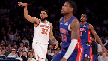 Jan 13, 2025; New York, New York, USA; New York Knicks center Karl-Anthony Towns (32) : Brad Penner-Imagn Images