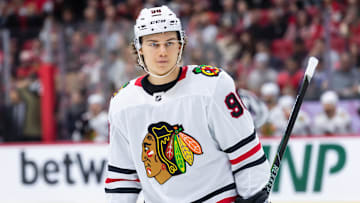 Apr 15, 2025; Ottawa, Ontario, CAN; Chicago Blackhawks center Connor Bedard (98) skates in the second  period against the Ottawa Senators at the Canadian Tire Centre. Mandatory Credit: Marc DesRosiers-Imagn Images