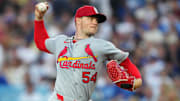 Aug 4, 2025; Los Angeles, California, USA; St. Louis Cardinals pitcher Sonny Gray (54) throws during the second inning against the Los Angeles Dodgers at Dodger Stadium. Mandatory Credit: Kirby Lee-Imagn Images