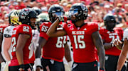 Oct 5, 2024; Raleigh, North Carolina, USA; North Carolina State Wolfpack tight end Justin Joly (15) celebrates during the first half of the game against Wake Forest Demon Deacons at Carter-Finley Stadium. Mandatory Credit: Jaylynn Nash-Imagn Images