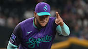 Sep 5, 2025; Phoenix, Arizona, USA; Arizona Diamondbacks pitcher Eduardo Rodriguez (57) acknowledges the Boston Red Sox dugout in the first inning at Chase Field. Mandatory Credit: Rick Scuteri-Imagn Images