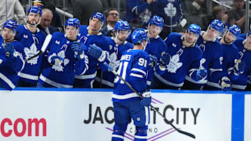 Oct 18, 2025; Toronto, Ontario, CAN; Toronto Maple Leafs center John Tavares (91) celebrates after scoring a goal against the Seattle Kraken during the third period at Scotiabank Arena. Mandatory Credit: Nick Turchiaro-Imagn Images