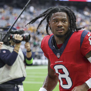 Oct 1, 2023; Houston, Texas, USA; Houston Texans wide receiver John Metchie III (8) jogs off the field after the game against the Pittsburgh Steelers at NRG Stadium. Mandatory Credit: Troy Taormina-USA TODAY Sports