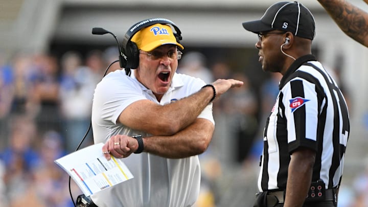 Sep 14, 2024; Pittsburgh, Pennsylvania, USA; Pittsburgh Panthers head coach Pat Narduzzi reacts during the fourth quarter against the West Virginia Mountaineers at Acrisure Stadium. Mandatory Credit: Barry Reeger-Image Images Sep 14, 2024; Pittsburgh, Pennsylvania, USA; Pittsburgh Panthers head coach Pat Narduzzi reacts during the fourth quarter against the West Virginia Mountaineers at Acrisure Stadium. Mandatory Credit: Barry Reeger-Image Images