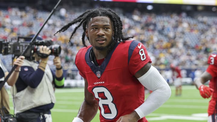 Oct 1, 2023; Houston, Texas, USA; Houston Texans wide receiver John Metchie III (8) jogs off the field after the game against the Pittsburgh Steelers at NRG Stadium. Mandatory Credit: Troy Taormina-USA TODAY Sports