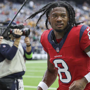 Oct 1, 2023; Houston, Texas, USA; Houston Texans wide receiver John Metchie III (8) jogs off the field after the game against the Pittsburgh Steelers at NRG Stadium.
