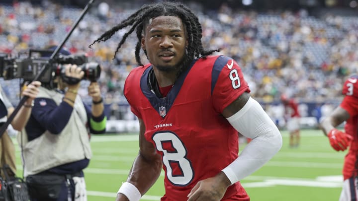 Oct 1, 2023; Houston, Texas, USA; Houston Texans wide receiver John Metchie III (8) jogs off the field after the game against the Pittsburgh Steelers at NRG Stadium.