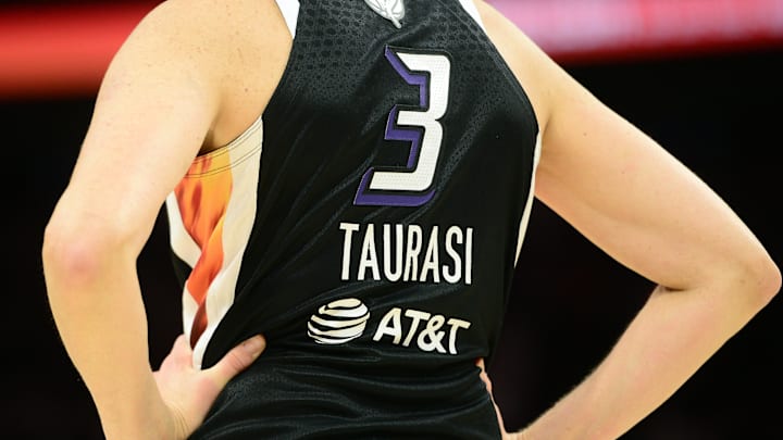 Oct 10, 2021; Phoenix, Arizona, USA; The details of the jersey of Phoenix Mercury guard Diana Taurasi (3) during the first half of game one of the 2021 WNBA Finals against the Chicago Sky at Footprint Center. Mandatory Credit: Joe Camporeale-Imagn Images
