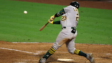 Sep 30, 2023; Anaheim, California, USA; Oakland Athletics catcher Shea Langeliers (23) hits a 3-run