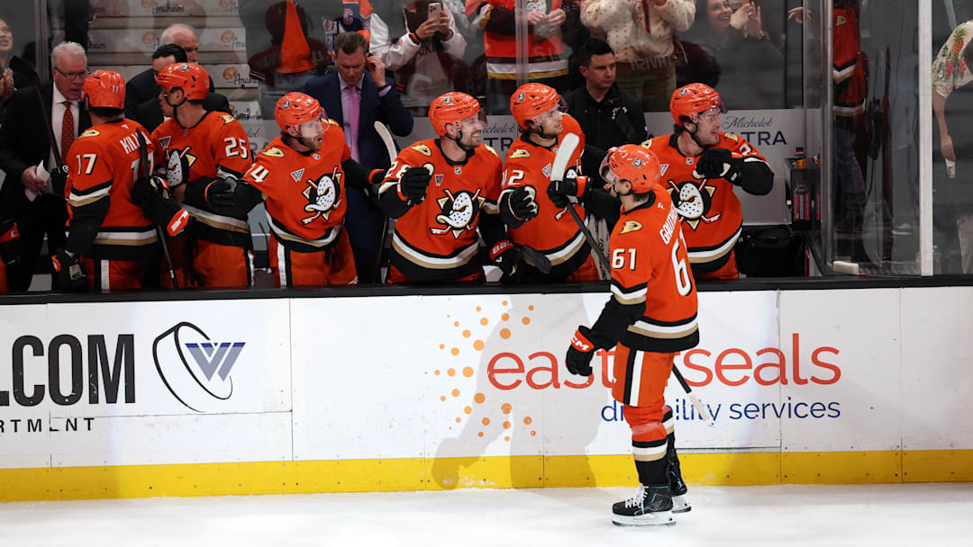 Feb 25, 2026; Anaheim, California, USA;  Anaheim Ducks left wing Cutter Gauthier (61) celebrates with his teammates after scoring a goal during the third period against the Edmonton Oilers at Honda Center. Mandatory Credit: Kiyoshi Mio-Imagn Images