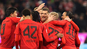 Bayern Munich players celebrating goal against Werder Bremen on Friday.