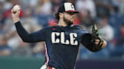 Sep 26, 2025; Cleveland, Ohio, USA; Cleveland Guardians starting pitcher Slade Cecconi (44) throws a pitch against the Texas Rangers during the first inning at Progressive Field. Mandatory Credit: Ken Blaze-Imagn Images