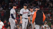 May 30, 2024; Boston, Massachusetts, USA; Detroit Tigers manager A.J. Hinch (14) relieves Detroit Tigers starting pitcher Jack Flaherty (9) during the seventh inning against the Boston Red Sox at Fenway Park. Mandatory Credit: Eric Canha-USA TODAY Sports