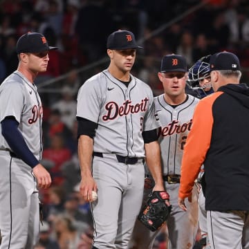 May 30, 2024; Boston, Massachusetts, USA; Detroit Tigers manager A.J. Hinch (14) relieves Detroit Tigers starting pitcher Jack Flaherty (9) during the seventh inning against the Boston Red Sox at Fenway Park. Mandatory Credit: Eric Canha-USA TODAY Sports