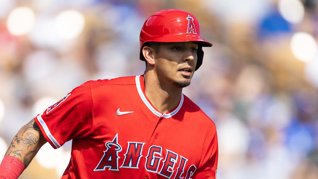 Mar 1, 2026; Phoenix, Arizona, USA; Los Angeles Angels designated hitter Vaughn Grissom rounds the bases after hitting a home run against the Los Angeles Dodgers during a spring training game at Camelback Ranch-Glendale. Mandatory Credit: Mark J. Rebilas-Imagn Images