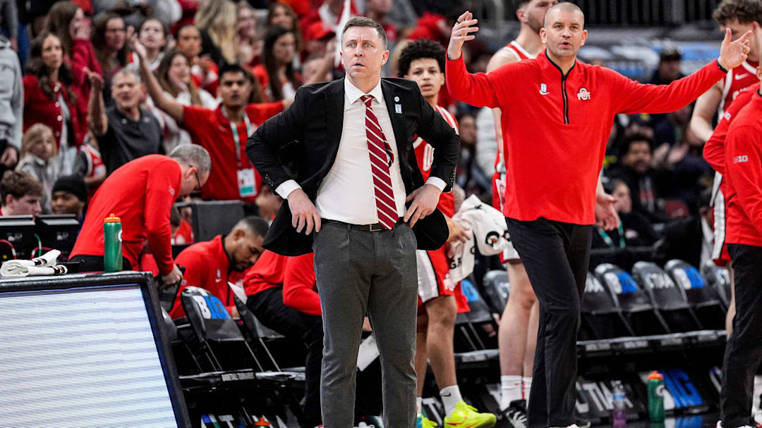 Ohio State head coach Jake Diebler reacts to a play against Michigan during the first half of Big Ten tournament quarterfinal at United Center in Chicago on Friday, March 13, 2026.