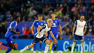 Lucas Bergvall in action during his lively cameo - Leicester City FC v Tottenham Hotspur FC - Premier League