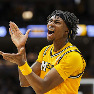 Dec 8, 2024; Columbia, Missouri, USA; Missouri Tigers guard Anthony Robinson II (0) celebrates during the second half against the Kansas Jayhawks at Mizzou Arena. Mandatory Credit: Jay Biggerstaff-Imagn Images