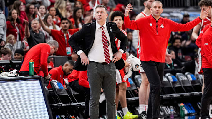 Ohio State head coach Jake Diebler reacts to a play against Michigan during the first half of Big Ten tournament quarterfinal at United Center in Chicago on Friday, March 13, 2026.