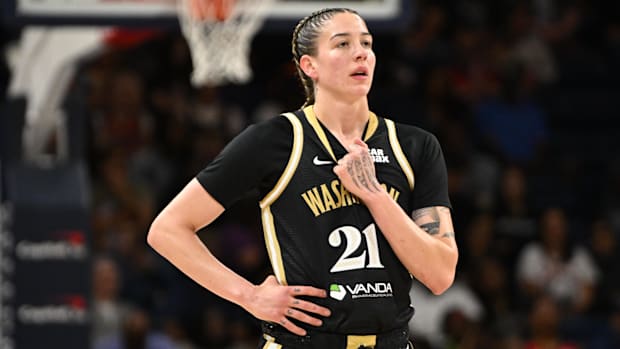 Jun 15, 2025; Washington, District of Columbia, USA; Washington Mystics forward Emily Engstler (21) catches her breath during