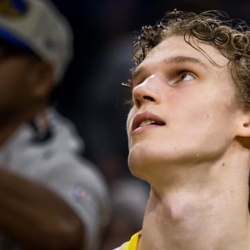 Utah Jazz forward Lauri Markkanen (23) watches the monitor during the first half of the game against the Golden State Warriors at Chase Center. Mandatory Credit: