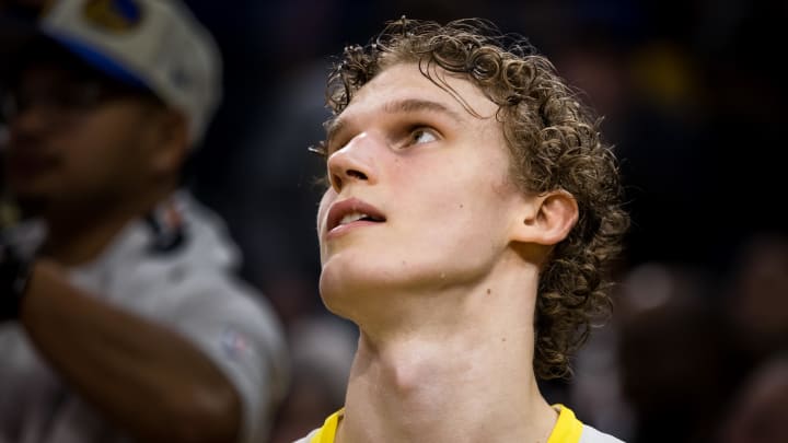 Utah Jazz forward Lauri Markkanen (23) watches the monitor during the first half of the game against the Golden State Warriors at Chase Center. Mandatory Credit: