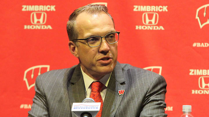 University of Wisconsin athletic director Chris McIntosh answers a question during a press conference that announced his hired on Wednesday June 2, 2021 at the Kohl Center in Madison, Wis.

Chris Mcintosh Wisconsin3