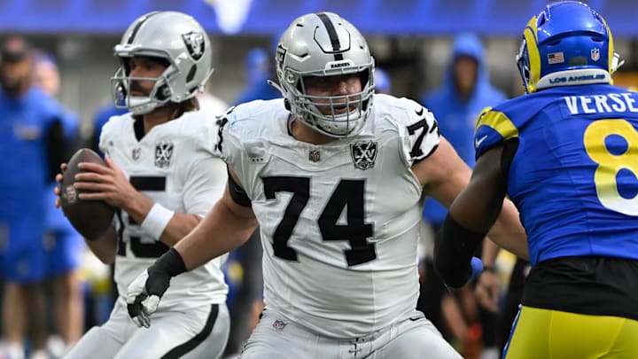 Oct 20, 2024; Inglewood, California, USA; Las Vegas Raiders offensive tackle Kolton Miller (74) provides protection for quarterback Gardner Minshew (15) during an NFL game against the Los Angeles Rams at SoFi Stadium. Mandatory Credit: Robert Hanashiro-Imagn Images Oct 20, 2024; Inglewood, California, USA; Las Vegas Raiders offensive tackle Kolton Miller (74) provides protection for quarterback Gardner Minshew (15) during an NFL game against the Los Angeles Rams at SoFi Stadium. Mandatory Credit: Robert Hanashiro-Imagn Images