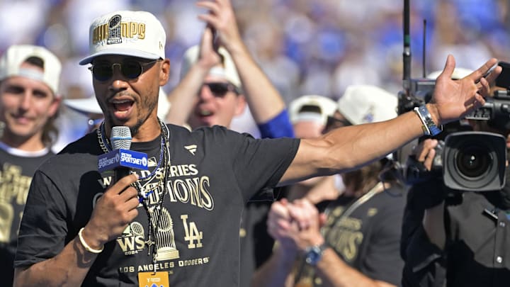 Los Angeles Dodgers star Mookie Betts speaks to fans during the World Series Championship Celebration at Dodger Stadium. Los Angeles Dodgers star Mookie Betts speaks to fans during the World Series Championship Celebration at Dodger Stadium.