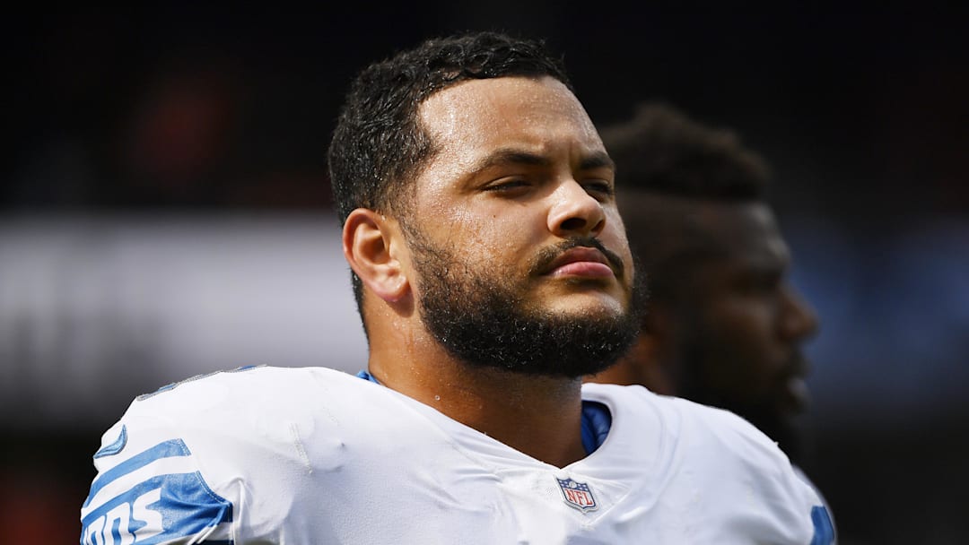Oct 3, 2021; Chicago, Illinois, USA; Detroit Lions offensive guard Jonah Jackson (73) looks on before the game against the Chicago Bears at Soldier Field.