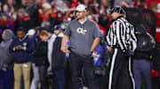 Nov 29, 2024; Athens, Georgia, USA; Georgia Tech Yellow Jackets head coach Brent Key on the sideline against the Georgia Bulldogs in the third quarter at Sanford Stadium. Mandatory Credit: Brett Davis-Imagn Images