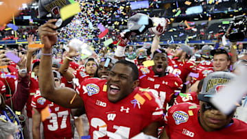 Jan 2, 2017; Arlington, TX, USA; Wisconsin Badgers safety Keelon Brookins (24) celebrates with teammates after the game against the Western Michigan Broncos in the 2017 Cotton Bowl at AT&T Stadium. Mandatory Credit: Kevin Jairaj-Imagn Images