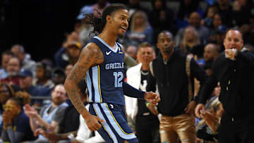 Oct 31, 2024; Memphis, Tennessee, USA; Memphis Grizzlies guard Ja Morant (12) reacts during the first half against the Milwaukee Bucks at FedExForum. Mandatory Credit: Petre Thomas-Imagn Images