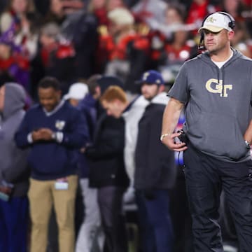 Nov 29, 2024; Athens, Georgia, USA; Georgia Tech Yellow Jackets head coach Brent Key on the sideline against the Georgia Bulldogs in the third quarter at Sanford Stadium. Mandatory Credit: Brett Davis-Imagn Images