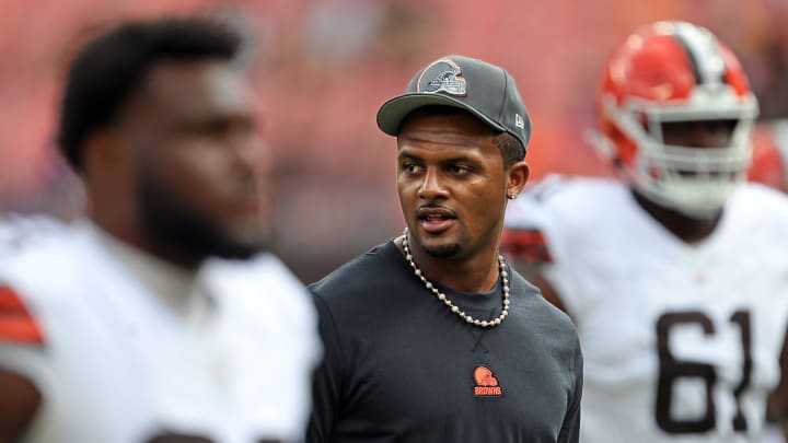 Cleveland Browns quarterback Deshaun Watson, center, walks back to the locker room before an NFL preseason football game against the Minnesota Vikings at Cleveland Browns Stadium, Saturday, Aug. 17, 2024, in Cleveland, Ohio.