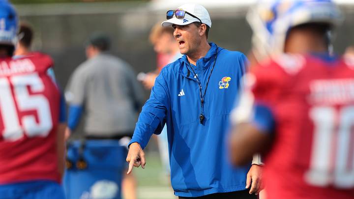 Kansas passing game coordinator Jim Zebrowski talks to players during fall camp practice on Aug. 4, 2026.