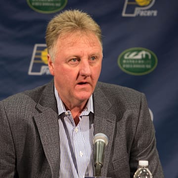 May 16, 2016; Indianapolis, IN, USA;  Indiana Pacers president of basketball operations Larry Bird speaks to the press during a press conference at Bankers Life Fieldhouse. Mandatory Credit: Trevor Ruszkowski-Imagn Images