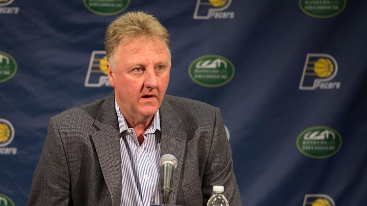 May 16, 2016; Indianapolis, IN, USA;  Indiana Pacers president of basketball operations Larry Bird speaks to the press during a press conference at Bankers Life Fieldhouse. Mandatory Credit: Trevor Ruszkowski-Imagn Images