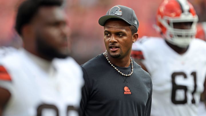 Cleveland Browns quarterback Deshaun Watson, center, walks back to the locker room before an NFL preseason football game against the Minnesota Vikings at Cleveland Browns Stadium, Saturday, Aug. 17, 2024, in Cleveland, Ohio.