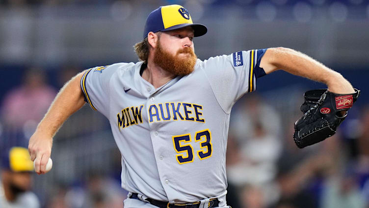 Sep 23, 2023; Miami, Florida, USA; Milwaukee Brewers starting pitcher Brandon Woodruff (53) throws a