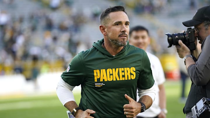 Aug 23, 2025; Green Bay, Wisconsin, USA; Green Bay Packers Head Coach Matt LaFleur runs off the field following a 20-7 win against the Seattle Seahawks at Lambeau Field. Mandatory Credit: Kayla Wolf-Imagn Images