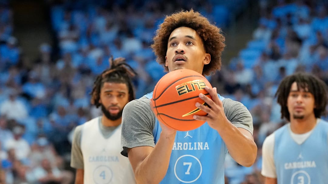 Oct 12, 2024; Chapel Hill, NC, USA;  North Carolina Tar Heels guard Seth Trimble (7) at the free throw line in the first half at the Dean E. Smith Center. Mandatory Credit: Bob Donnan-Imagn Images