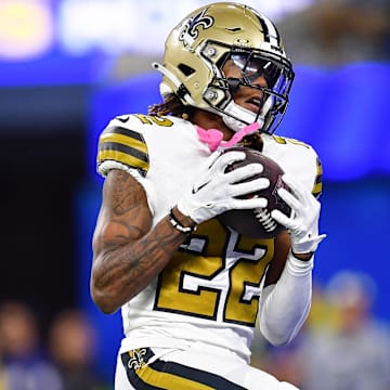 Dec 21, 2023; Inglewood, California, USA; New Orleans Saints wide receiver Rashid Shaheed (22) catches a touchdown pass against the Los Angeles Rams during the first half at SoFi Stadium.