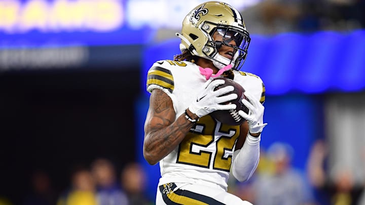 Dec 21, 2023; Inglewood, California, USA; New Orleans Saints wide receiver Rashid Shaheed (22) catches a touchdown pass against the Los Angeles Rams during the first half at SoFi Stadium.