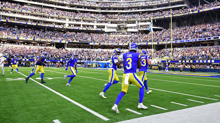 Sep 28, 2025; Inglewood, California, USA; Los Angeles Rams safety Kam Curl (3) celebrates his interception against the Indianapolis Colts during the second half at SoFi Stadium. Mandatory Credit: Gary A. Vasquez-Imagn Images Sep 28, 2025; Inglewood, California, USA; Los Angeles Rams safety Kam Curl (3) celebrates his interception against the Indianapolis Colts during the second half at SoFi Stadium. Mandatory Credit: Gary A. Vasquez-Imagn Images