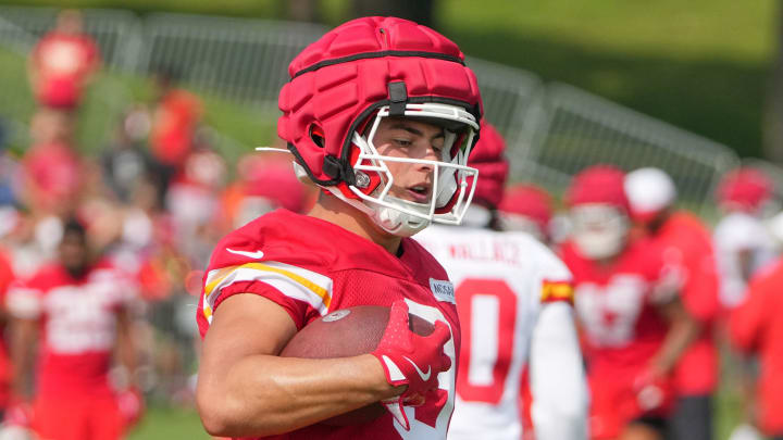 Jul 22, 2024; St. Joseph, MO, USA; Kansas City Chiefs running back Louis Rees-Zammit (9) runs the ball during training camp at Missouri Western State University. Mandatory Credit: Denny Medley-USA TODAY Sports