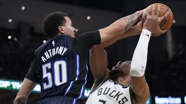 Mar 8, 2025; Milwaukee, Wisconsin, USA; Milwaukee Bucks forward Giannis Antetokounmpo (34) drives to the basket against Orlando Magic guard Cole Anthony (50) win the first half at Fiserv Forum. Mandatory Credit: Michael McLoone-Imagn Images Mar 8, 2025; Milwaukee, Wisconsin, USA; Milwaukee Bucks forward Giannis Antetokounmpo (34) drives to the basket against Orlando Magic guard Cole Anthony (50) win the first half at Fiserv Forum. Mandatory Credit: Michael McLoone-Imagn Images