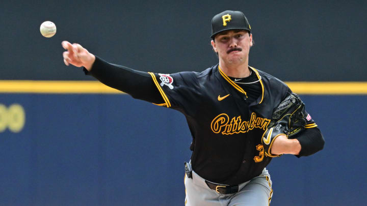 Jul 11, 2024; Milwaukee, Wisconsin, USA; Pittsburgh Pirates starting pitcher Paul Skenes (30) pitches in the first inning against the Milwaukee Brewers at American Family Field. Mandatory Credit: Benny Sieu-USA TODAY Sports